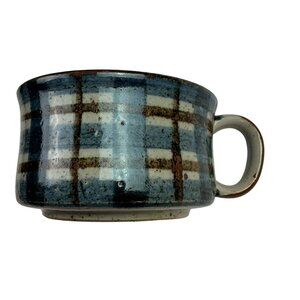 Vintage Unbranded Plaid Ceramic Stoneware Mug Blue Brown Glaze Coffee 12 Oz